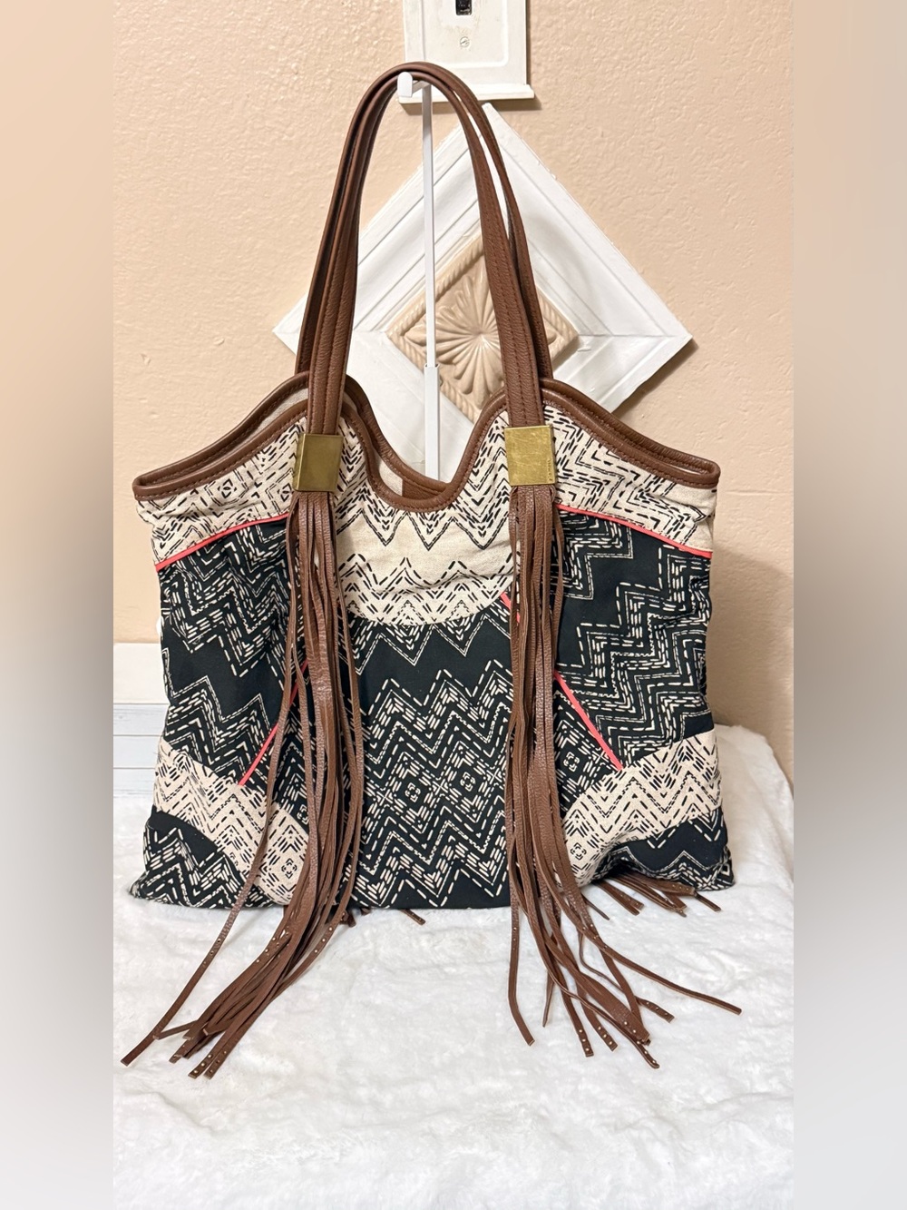 Ella Moss Black & Cream Fringe Shoulder Bag with Brown Trim